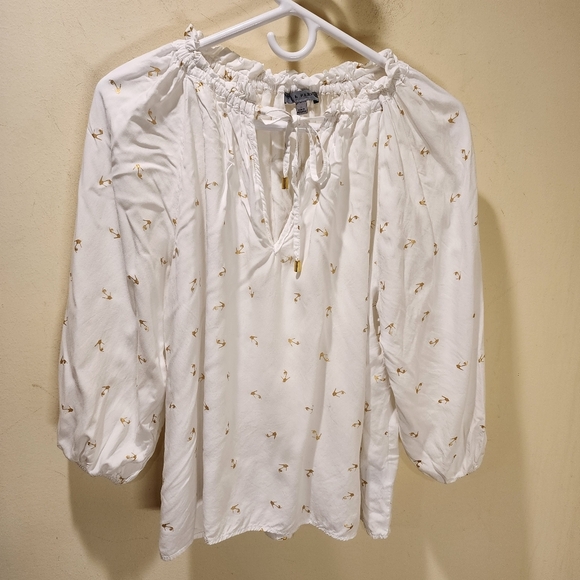 Alex and Parker Withe with Golden Shoes Tie Neck Boho Blouse size L - Picture 3 of 12